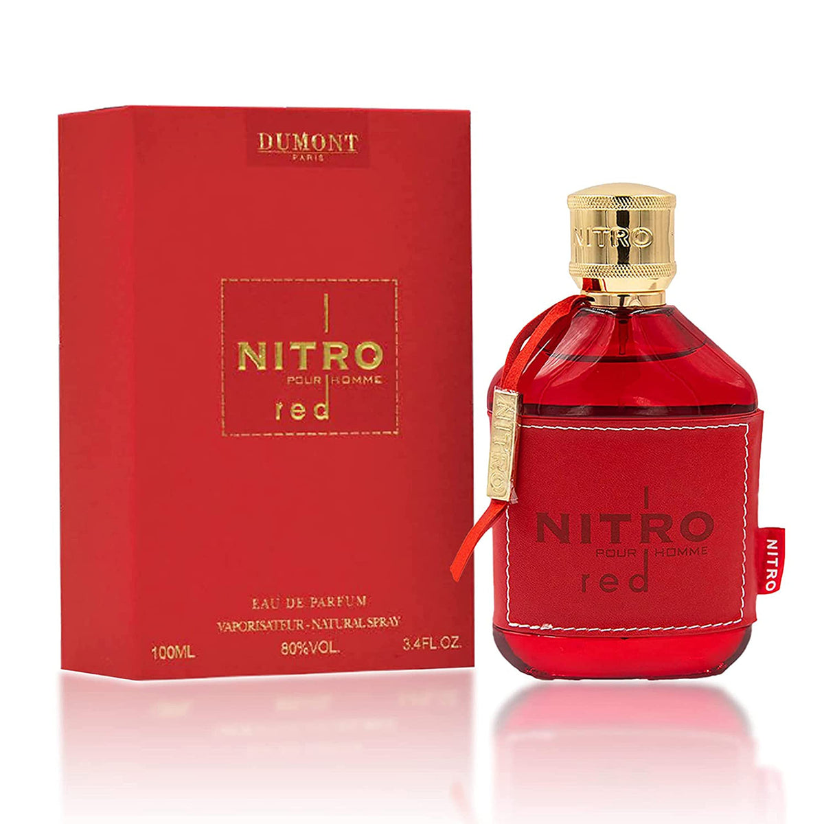 Dumont Nitro Red bottle front for bold, long-lasting fragrance