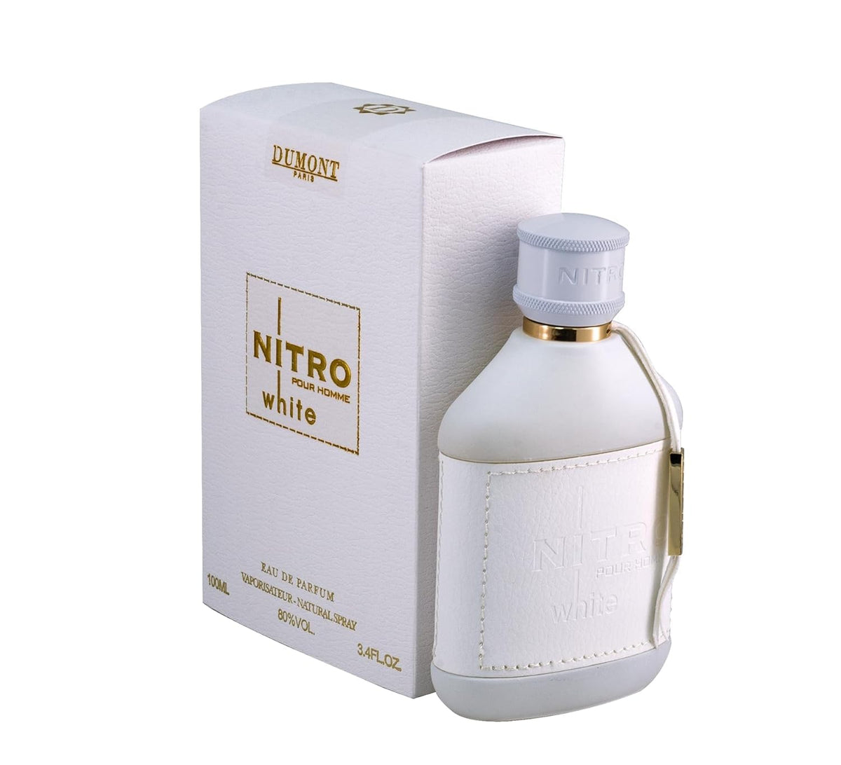 Dumont Nitro White bottle close-up highlighting daily-wear fresh signature scent.