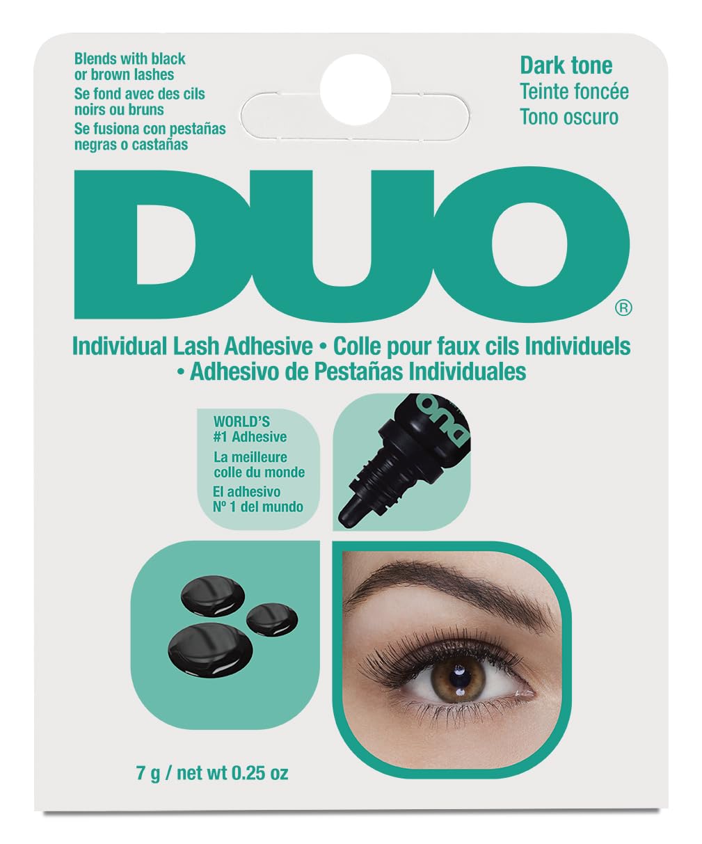 DUO Individual Lash Adhesive Dark bottle highlights fast-drying, dark hold for seamless individual lashes.