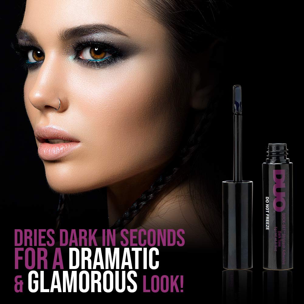 DUO Quick-Set eyelash glue application with precision silicone applicator for controlled lash placement.