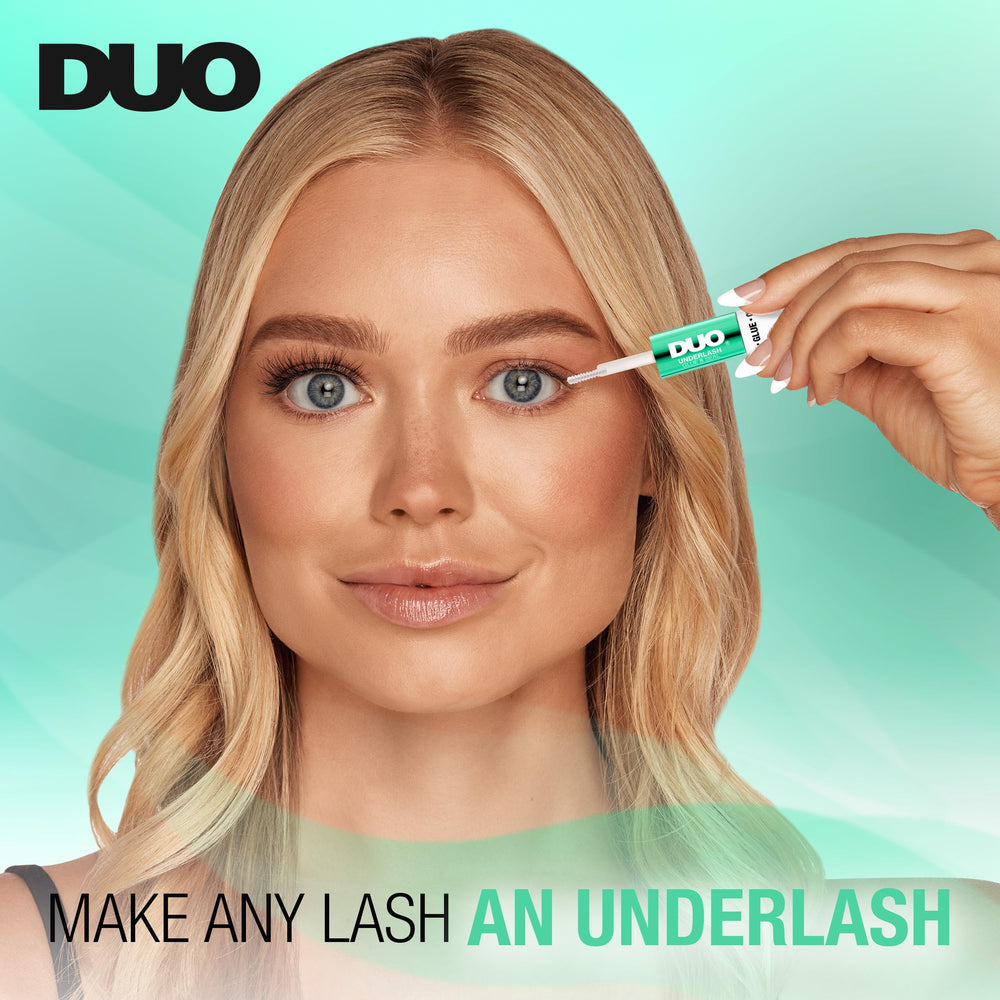DUO Under Lash Glue & Seal mini-spoolie applicator demonstrates mascara-like precision.