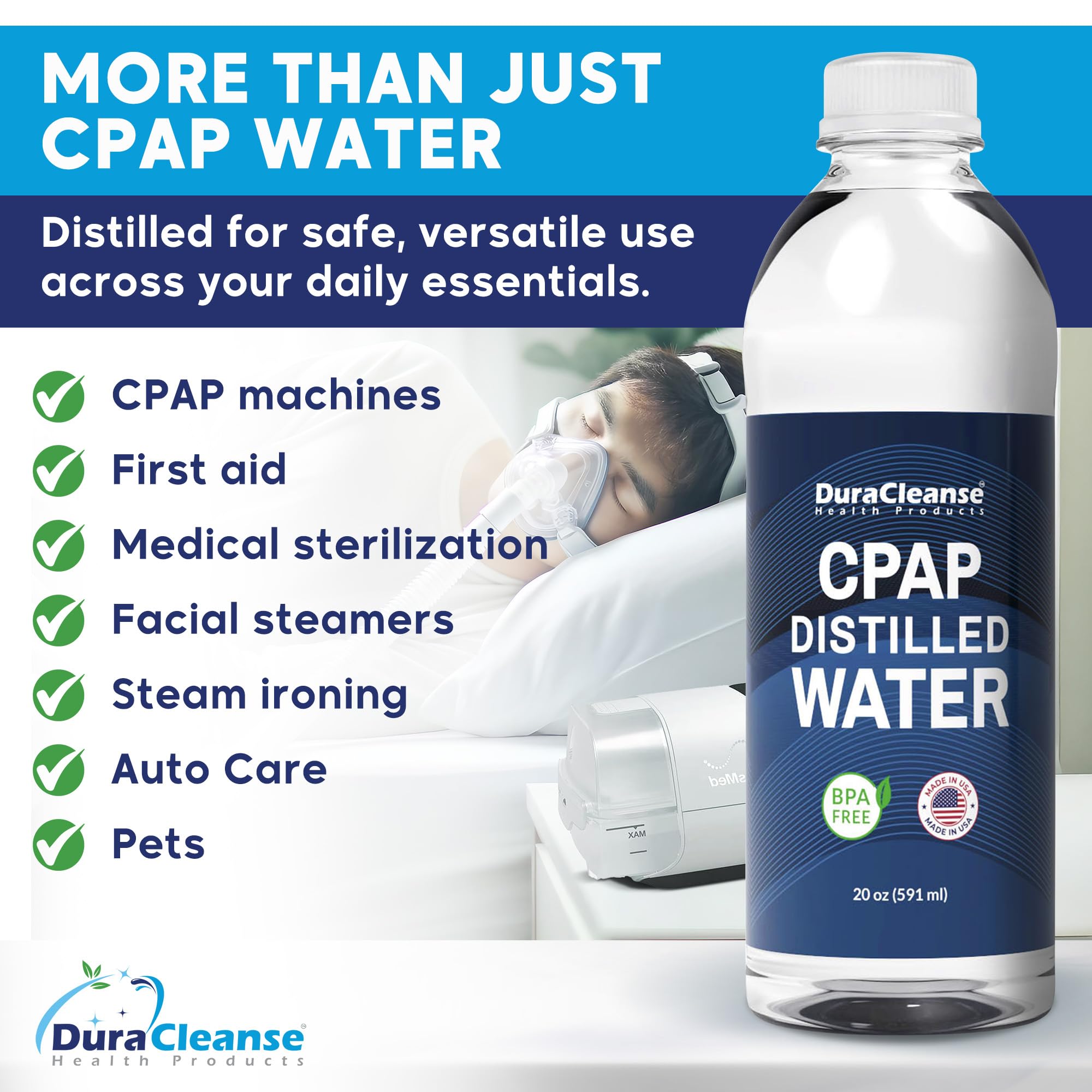 Dura Cleanse bottles on a hotel nightstand for portable humidifier support