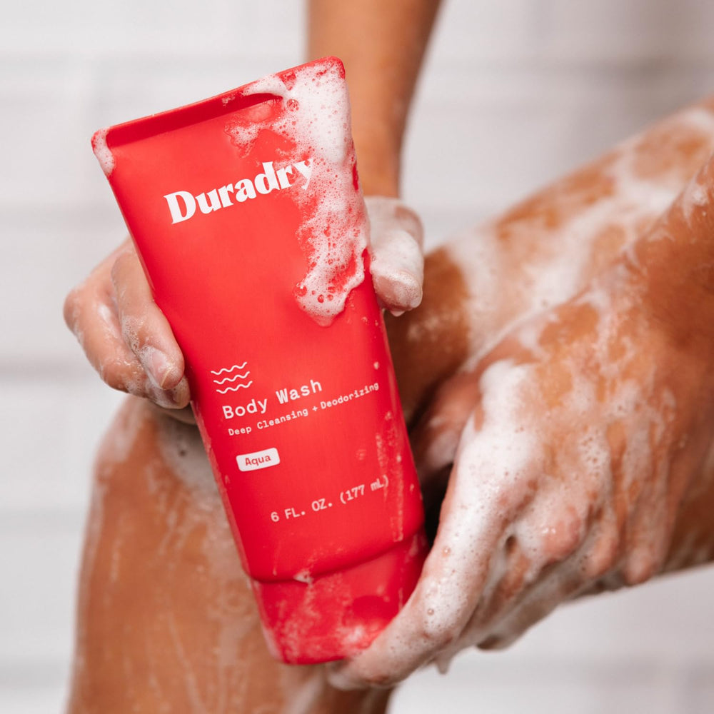 Duradry body wash lather closeup demonstrates deep cleansing action.
