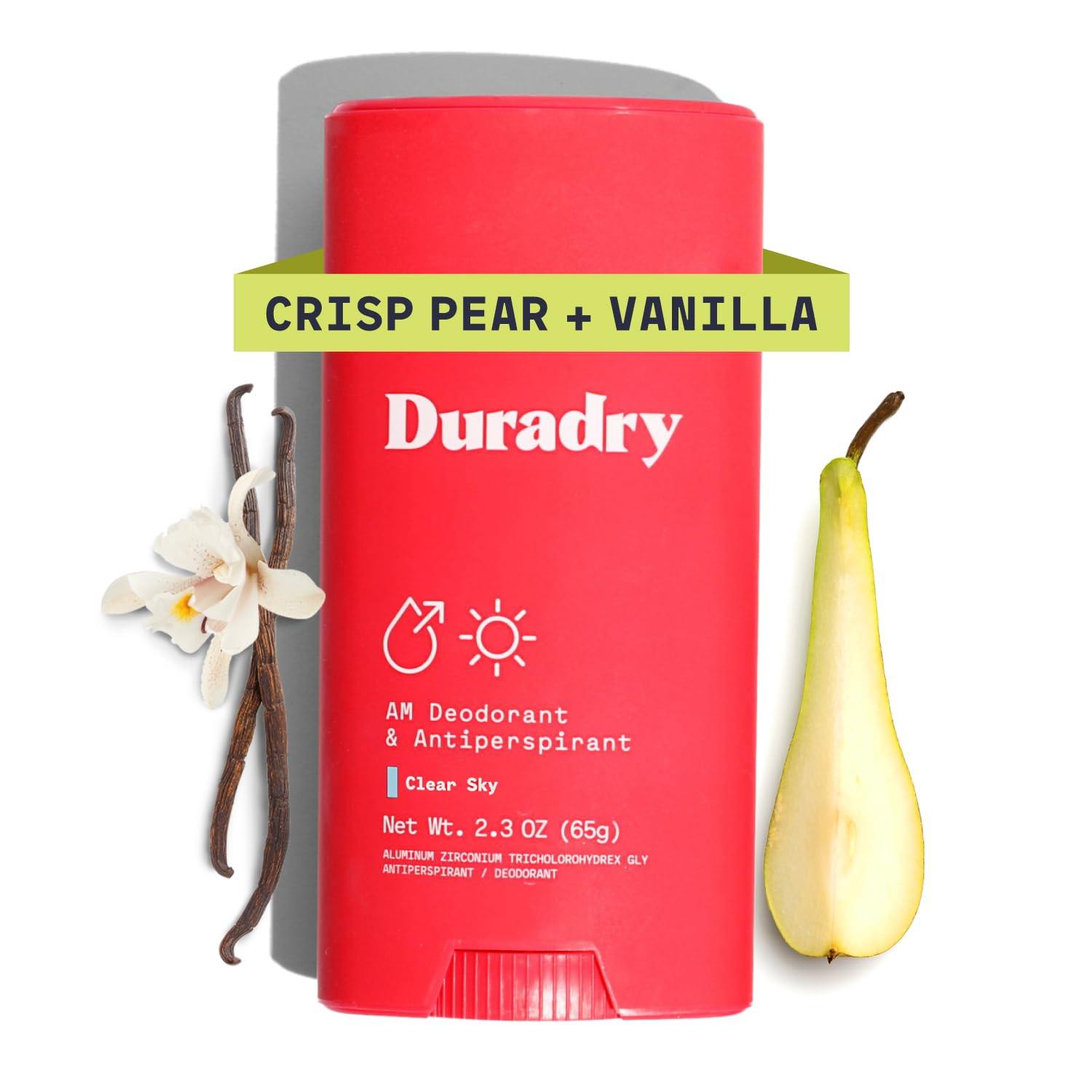 Duradry Clear Sky bottle shows all-day protection with crisp pear vanilla scent.