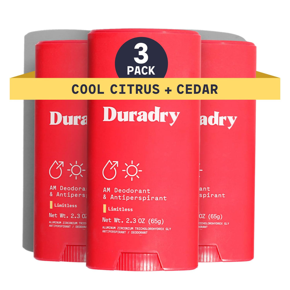 Duradry cool citrus cedar stick-application offering smooth glide for all-day dryness.