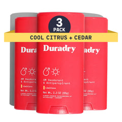 Duradry cool citrus cedar stick-application offering smooth glide for all-day dryness.