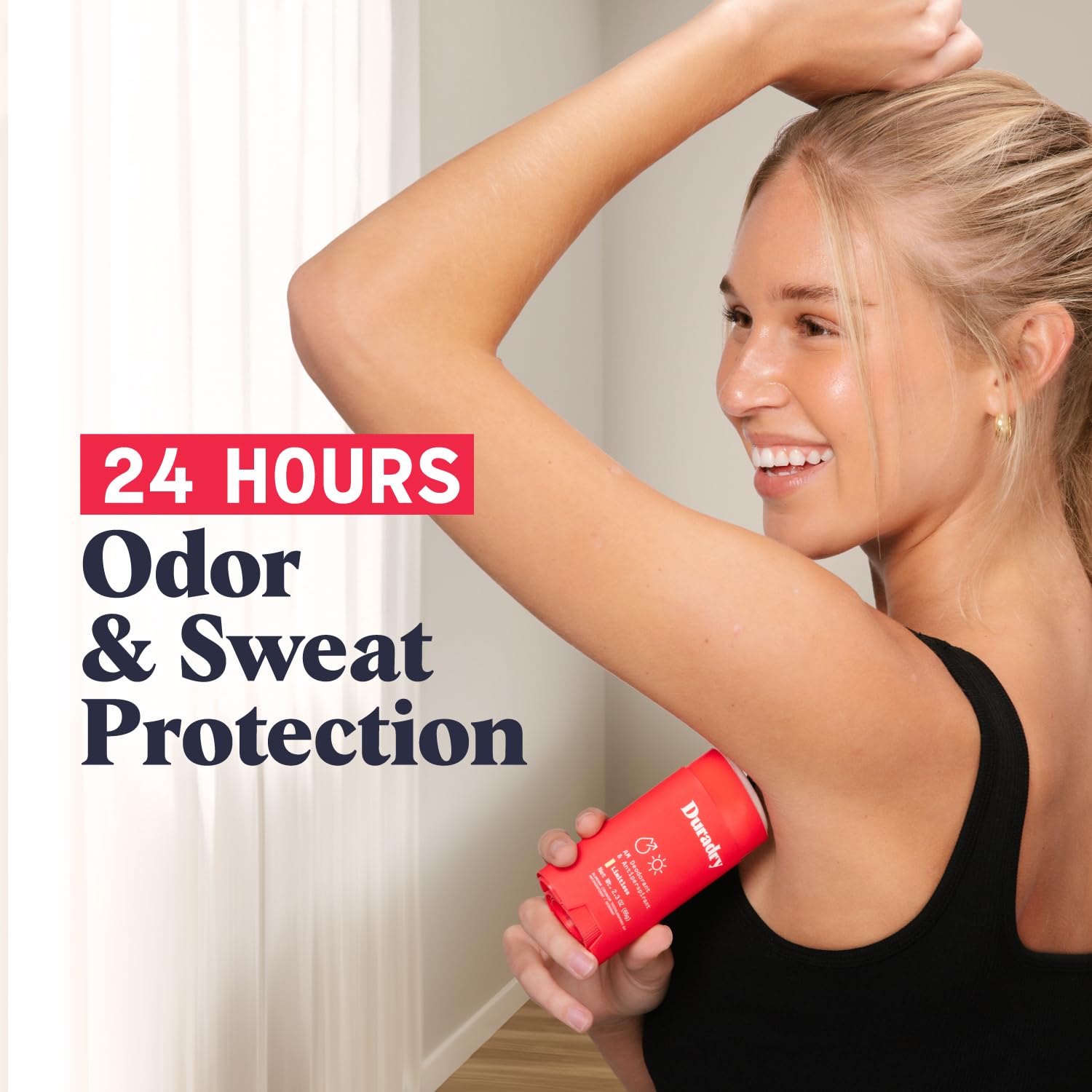Duradry odor-control underarms feature demonstrates fresh aroma retention.