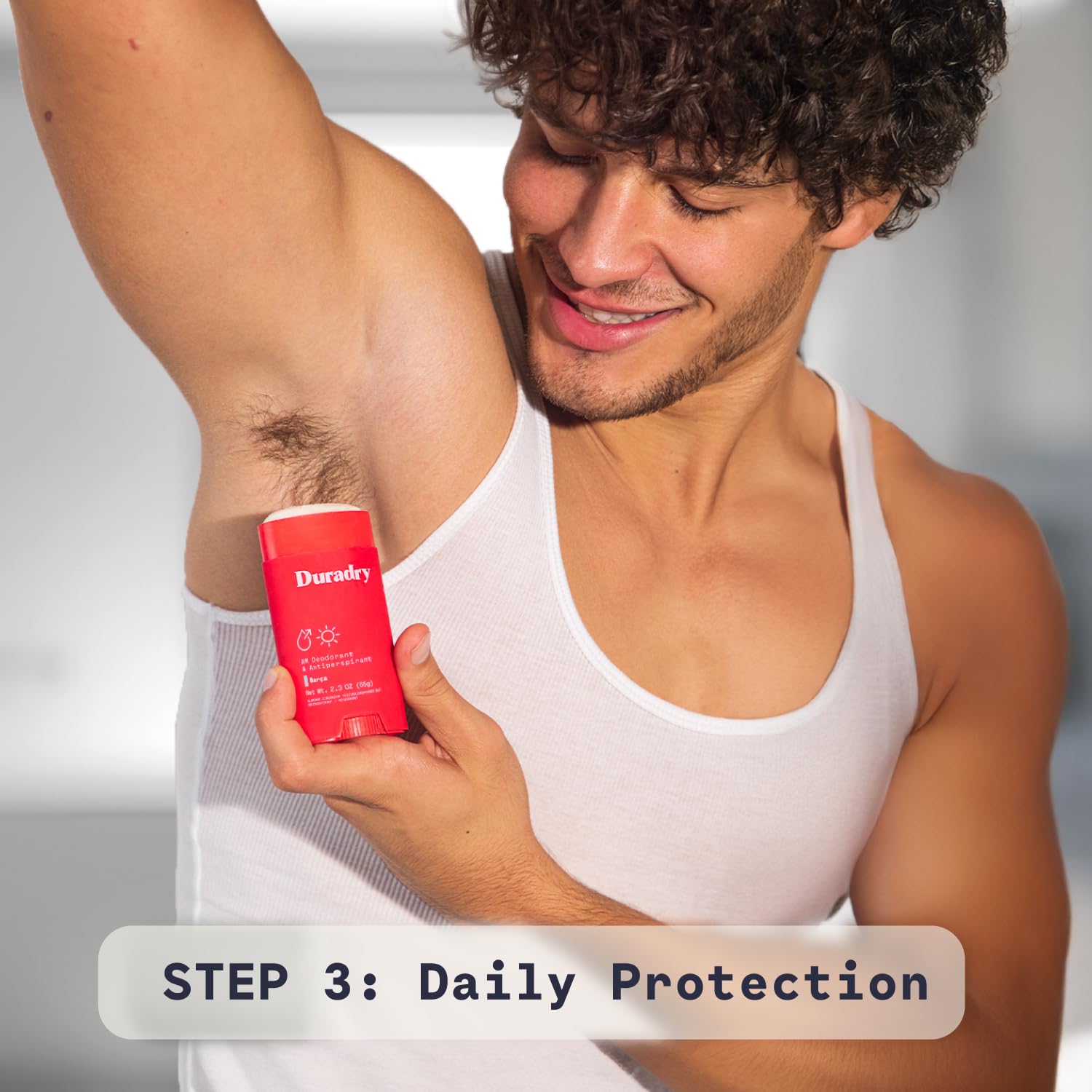 Duradry underarm closeup shows product texture and premium, fragrance-forward experience.
