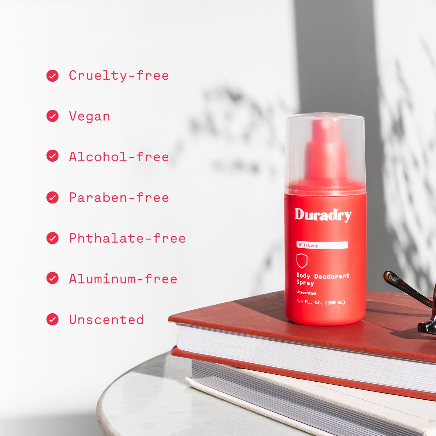 Duradry vegan-paraben-free ingredients list on label.