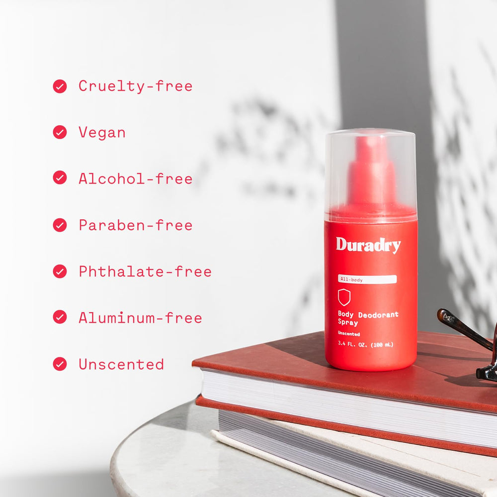 Duradry vegan-paraben-free ingredients list on label.