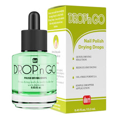 Duri Drop'n Go bottle close-up with drops for quick-dry, smooth, long-lasting polish.