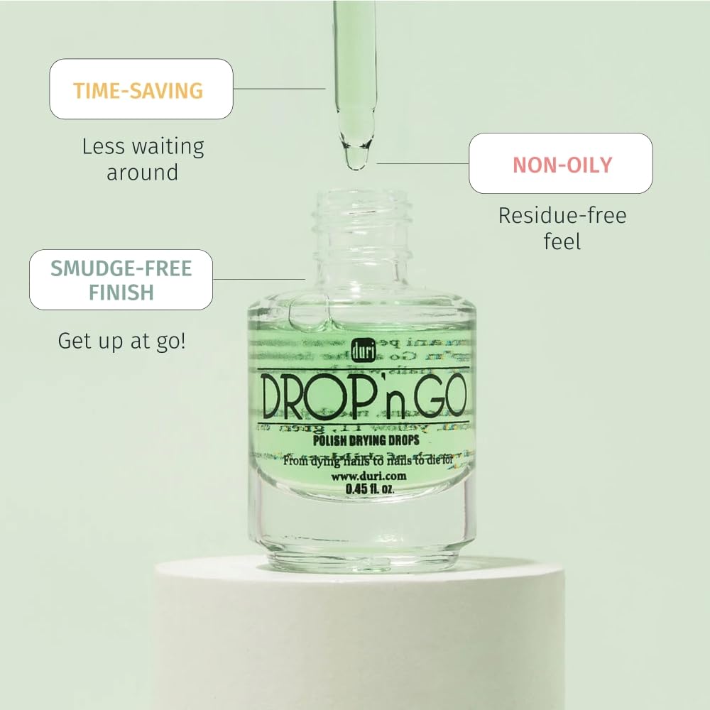 Duri Drop'n Go near-smudge finish on nails showcases salon-like gloss.
