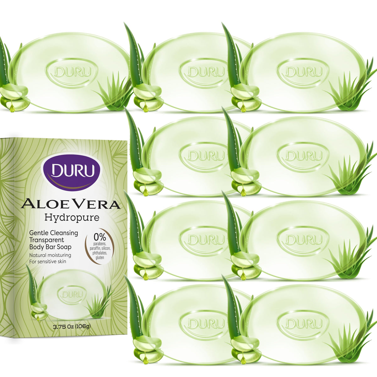 Duru Aloe Vera Glycerin Bar Soap pack hero shows vegan cleansing for sensitive skin.