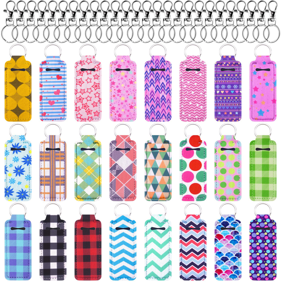 Duufin 24-piece chapstick holder keychains set with colorful patterns for quick balm access.