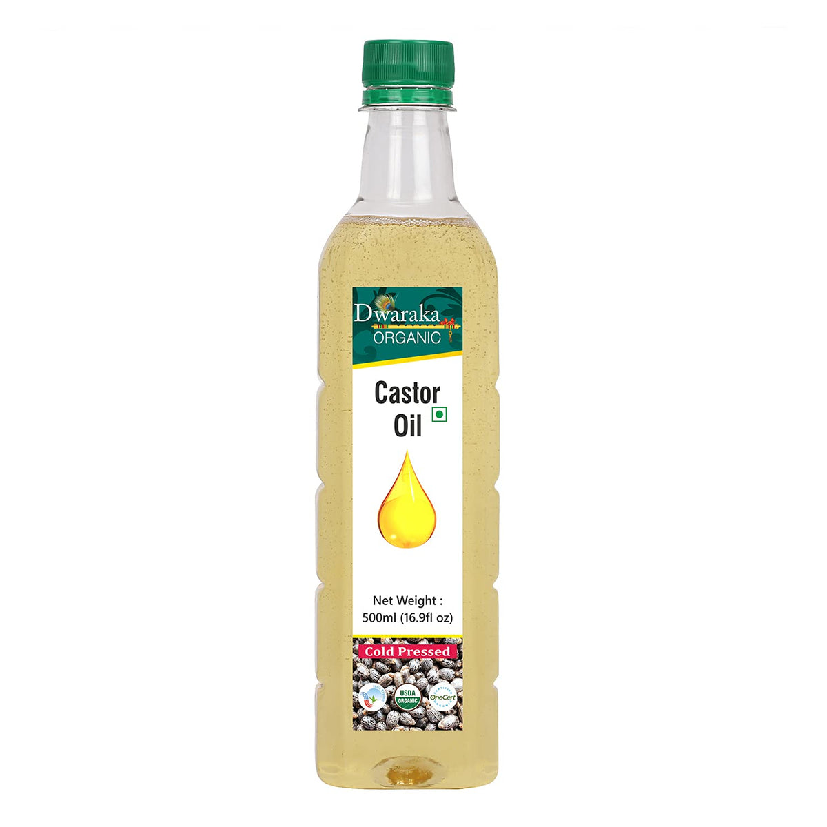 Dwaraka Organic Cold-Pressed Castor Oil bottle for versatile beauty and wellness use.