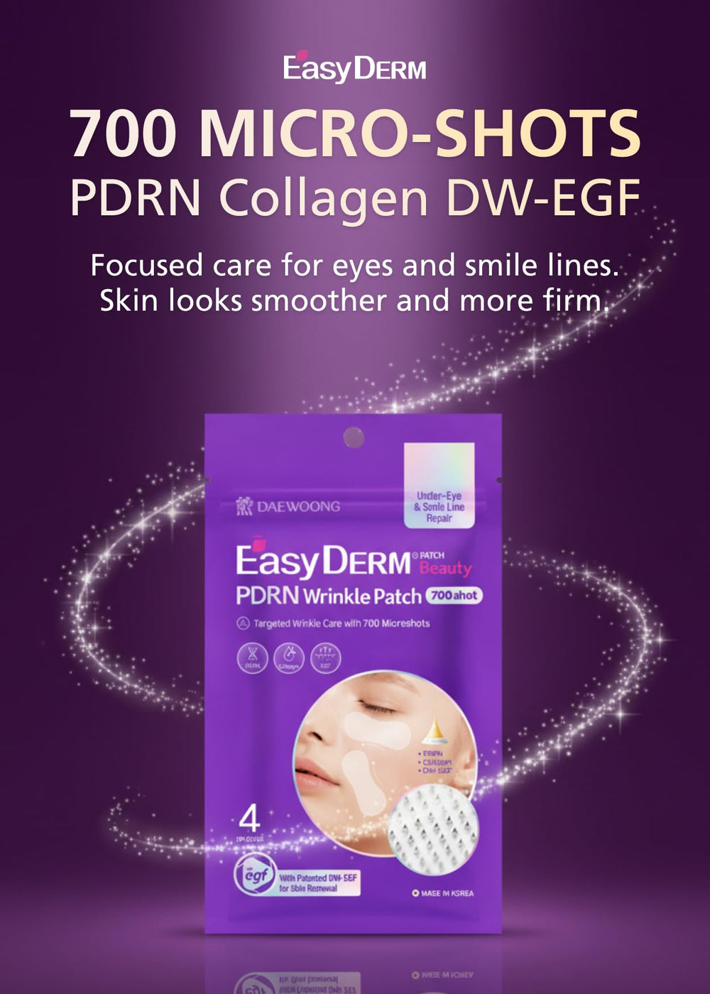 DWEasyDerm PDRN Patch application pack showing four patches ready to use.