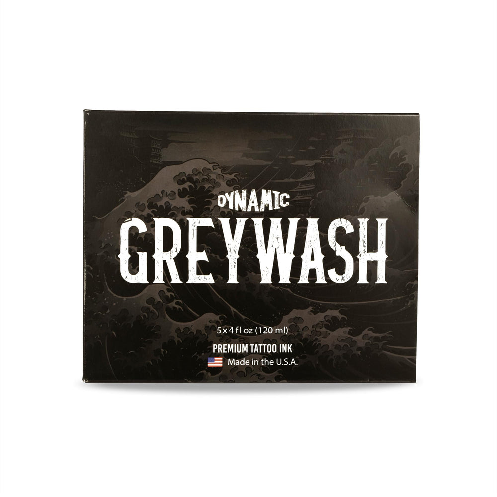 Dynamic Color Co greywash set with four shades and mixing bottle for easy tattoo prep.