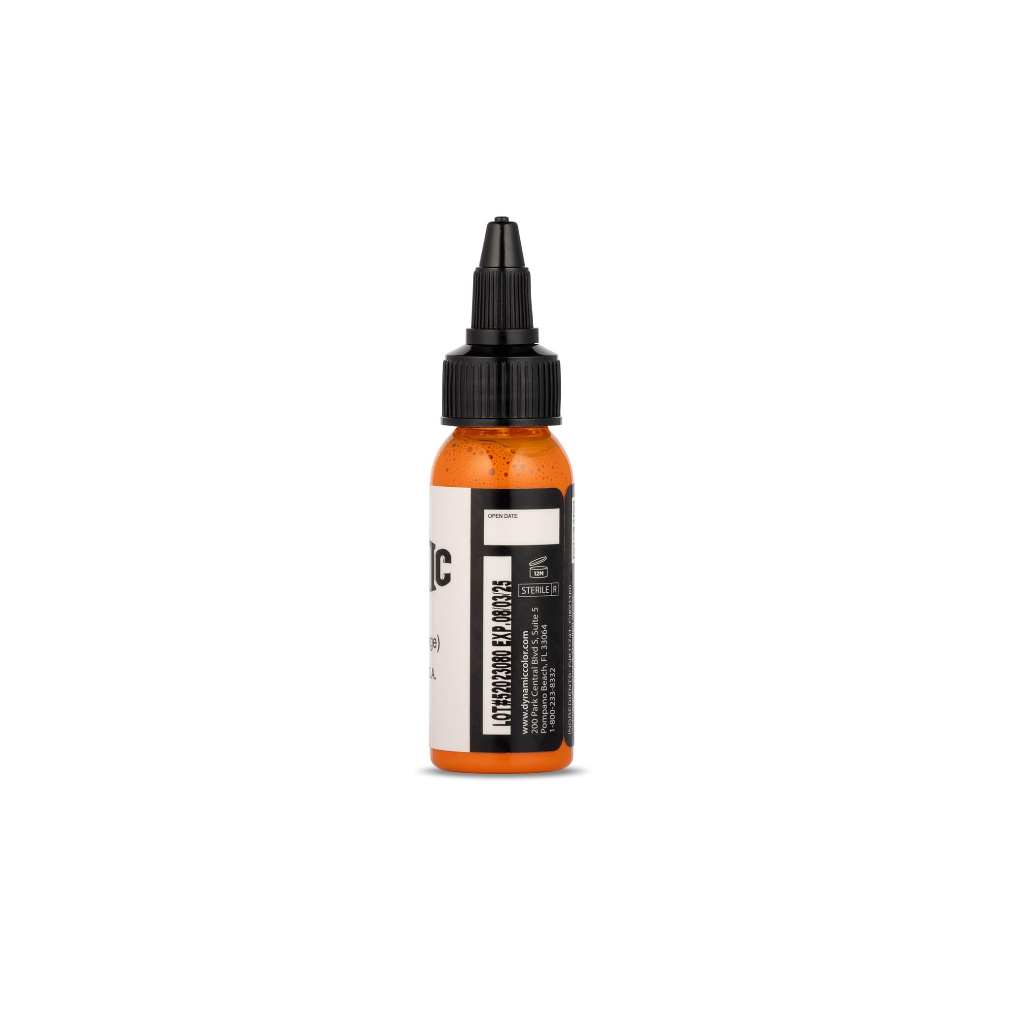 Dynamic Color Co vivid orange tattoo ink swirl highlights long-lasting color for bright shading.