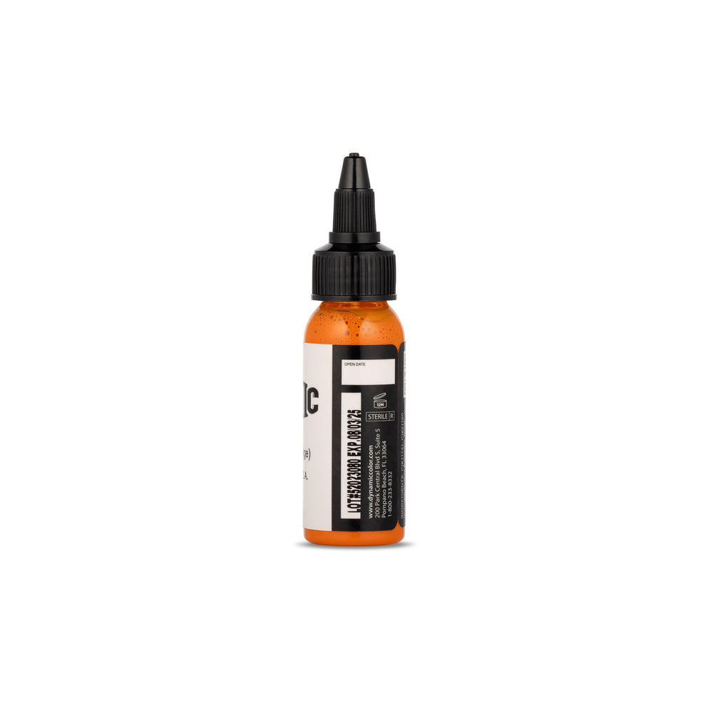 Dynamic Color Co vivid orange tattoo ink swirl highlights long-lasting color for bright shading.