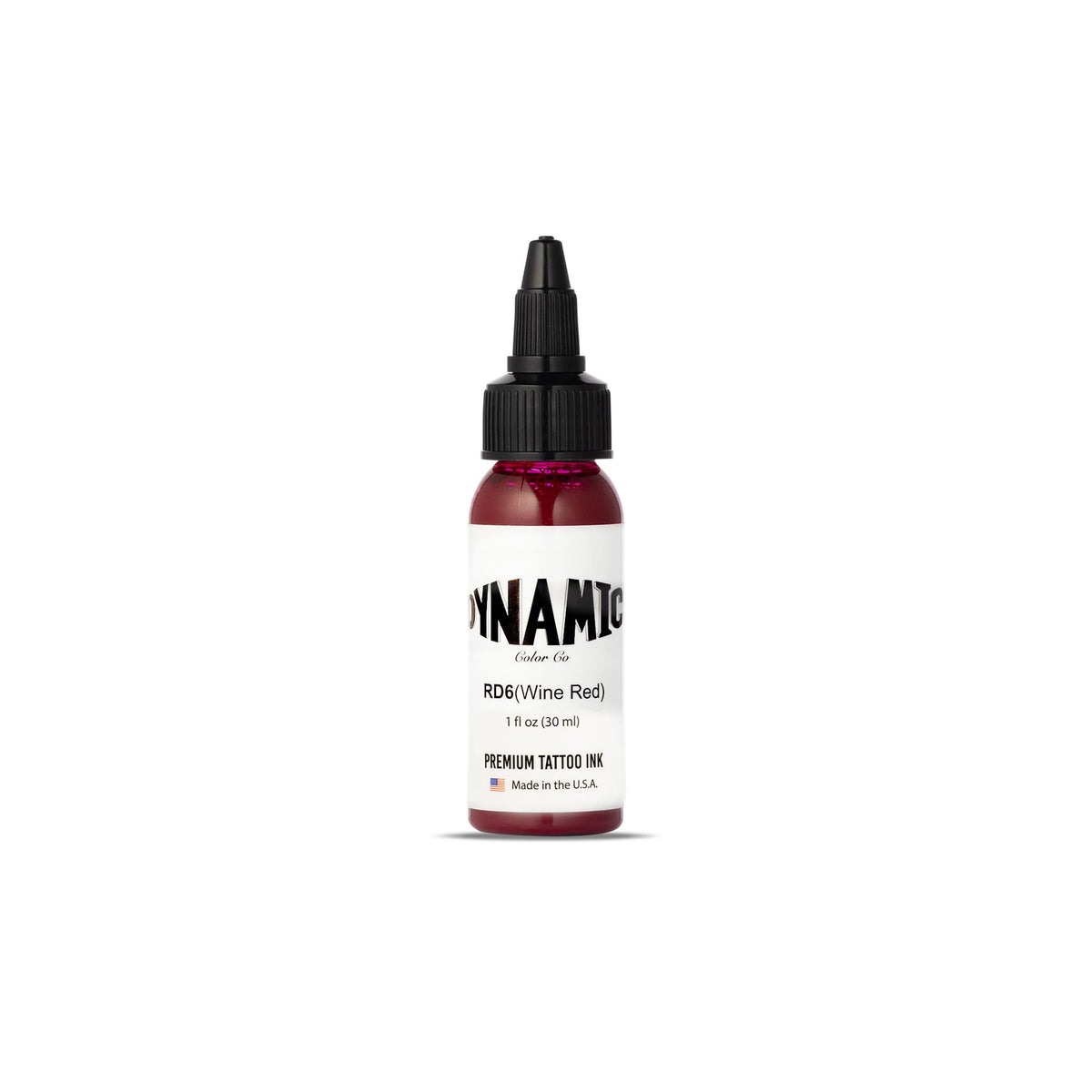 Dynamic Color Co wine red tattoo ink bottle front view showing vibrant color.