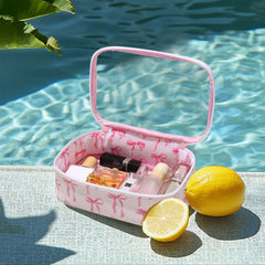 DYSHAYEN pink bow makeup bag — zipper heads shaped like bows for quick grab