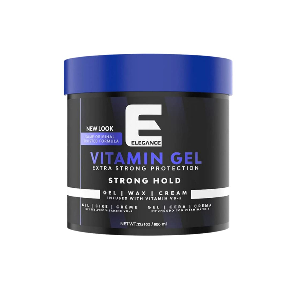 E Elegance Vitamin Gel bottle front view shows strong hold and radiant shine.