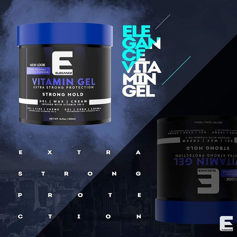 E Elegance Vitamin Gel bottle side view highlights easy application and long-lasting control.