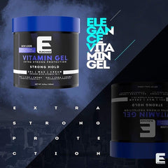 E Elegance Vitamin Gel bottle side view highlights easy application and long-lasting control.