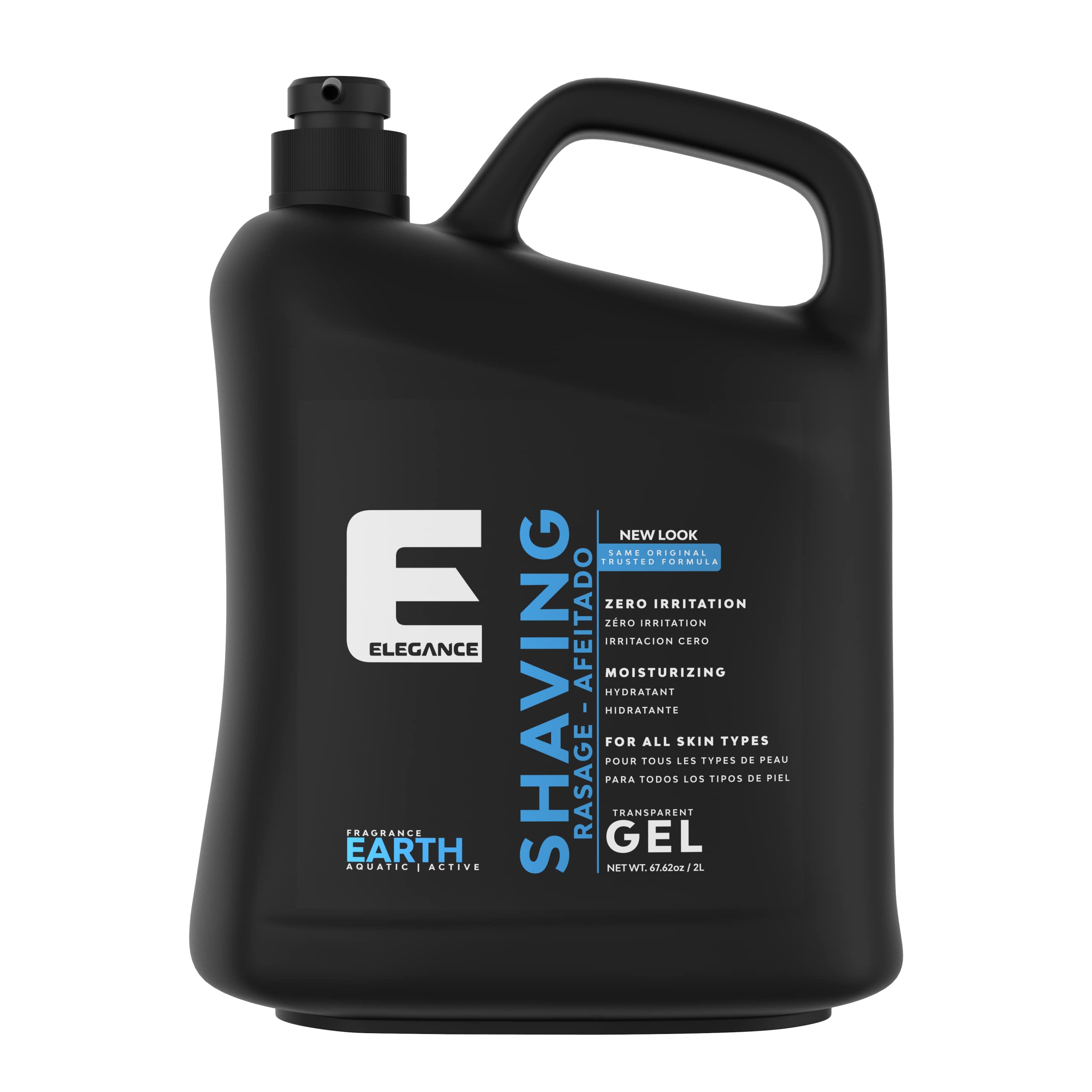 E Elegance transparent shaving gel bottle front view for smoother shaves.
