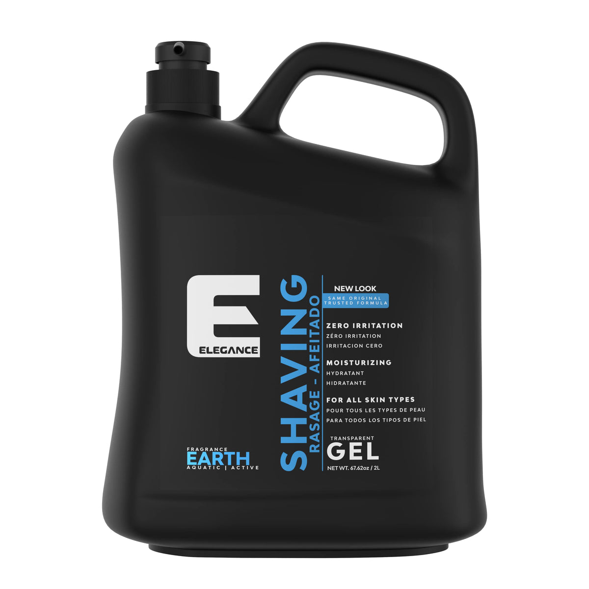 E Elegance transparent shaving gel bottle front view for smoother shaves.