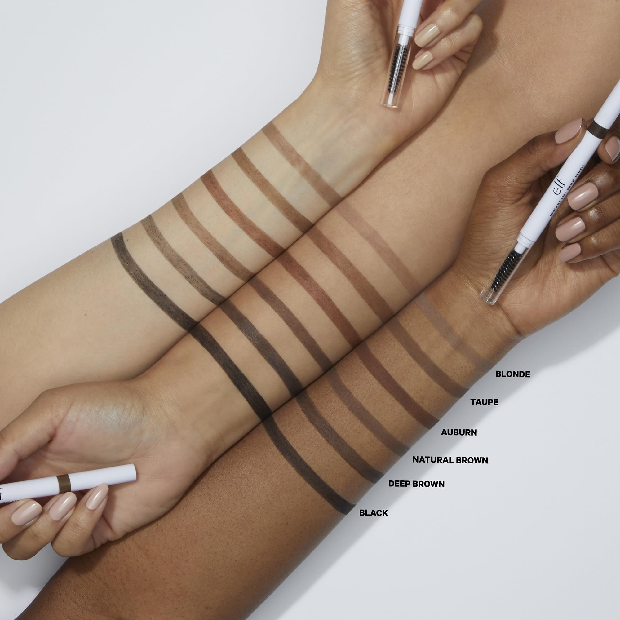 e.l.f. color swatch on skin demonstrating Neutral Brown natural finish and buildable coverage