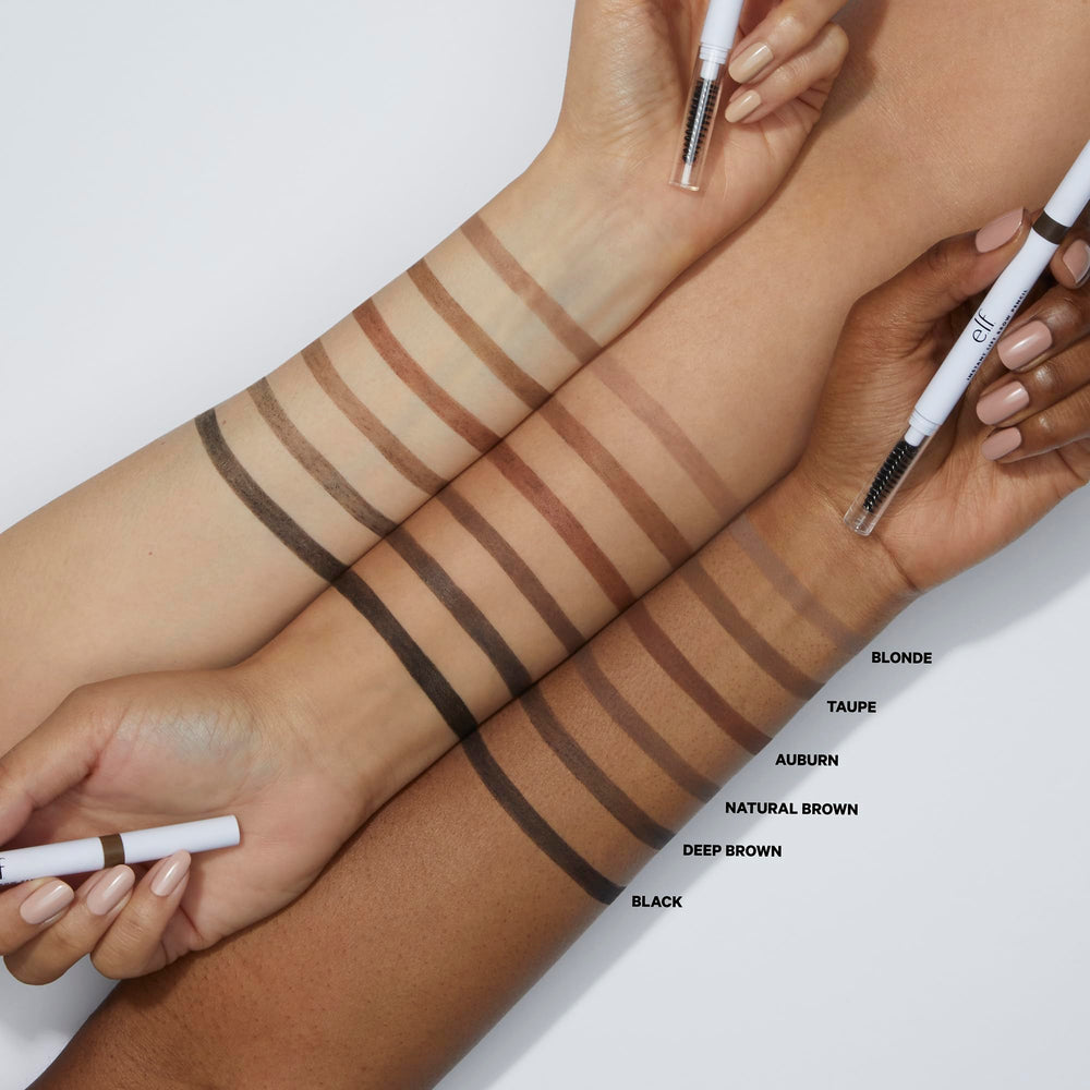 e.l.f. color swatch on skin demonstrating Neutral Brown natural finish and buildable coverage