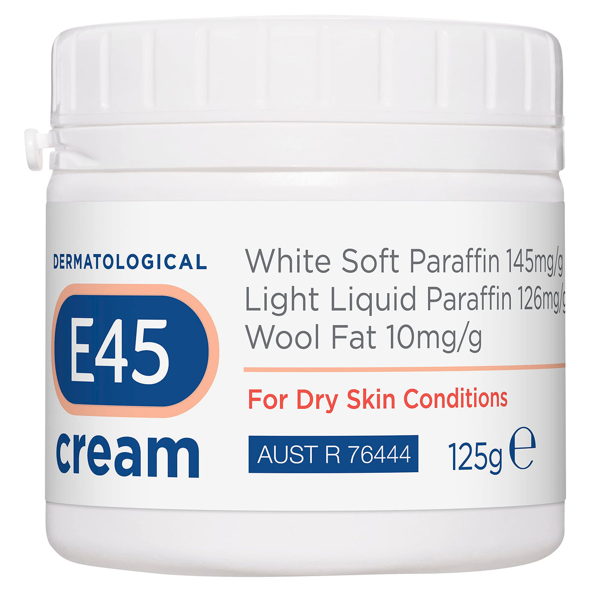 E45 Dermatological Cream 125G tub front shows trusted hydration for dry skin.