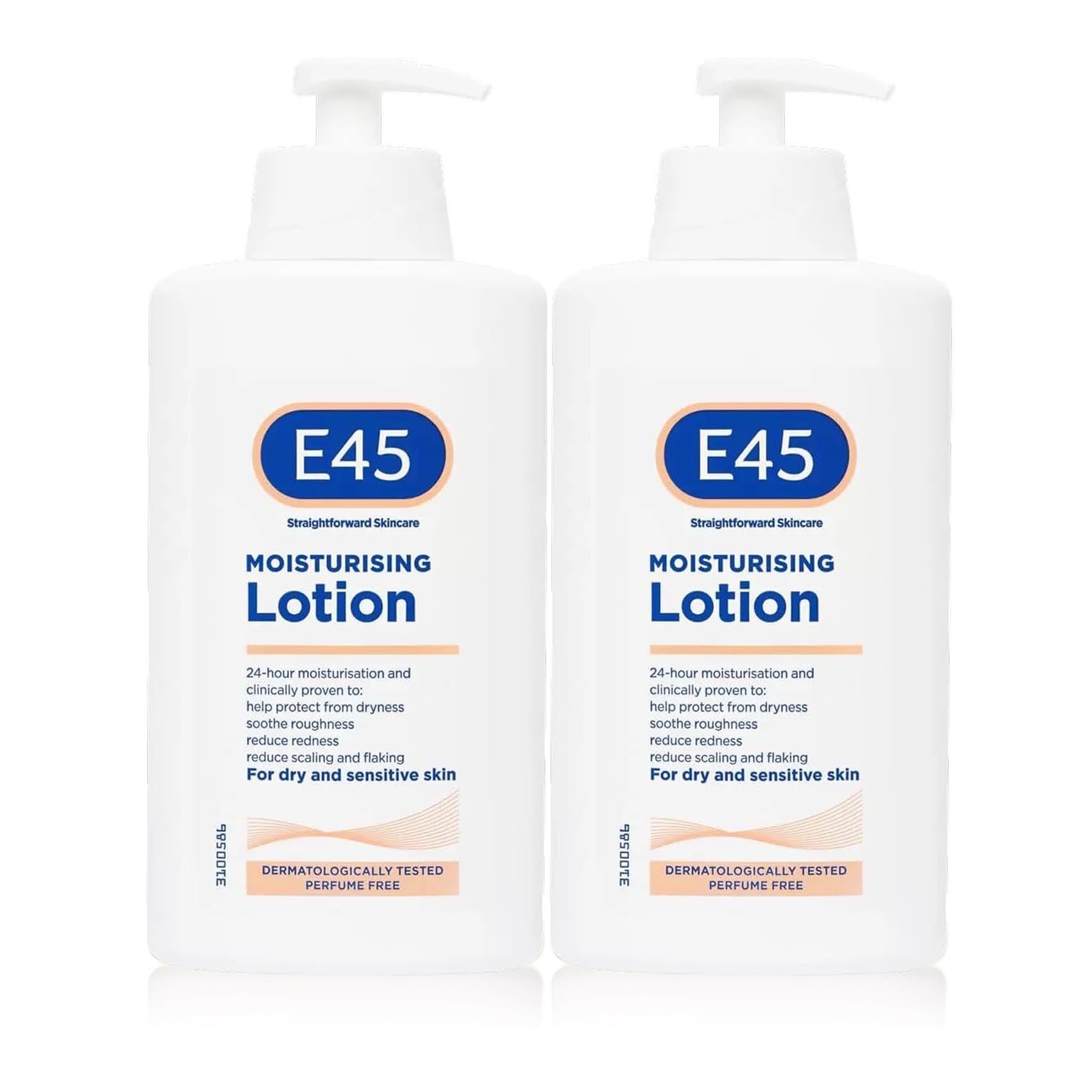 E45 Dermatological Moisturising Lotion bottle front, fragrance-free for dry and sensitive skin.