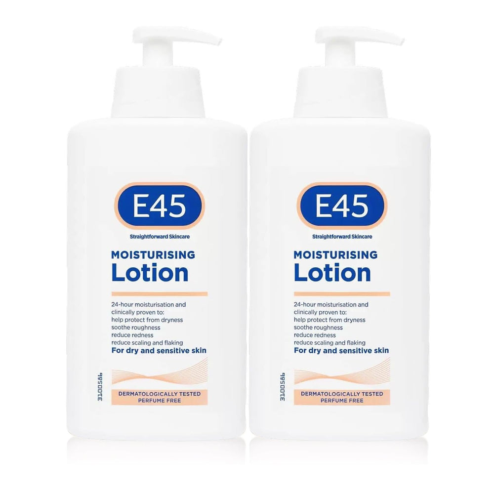 E45 Dermatological Moisturising Lotion bottle front, fragrance-free for dry and sensitive skin.