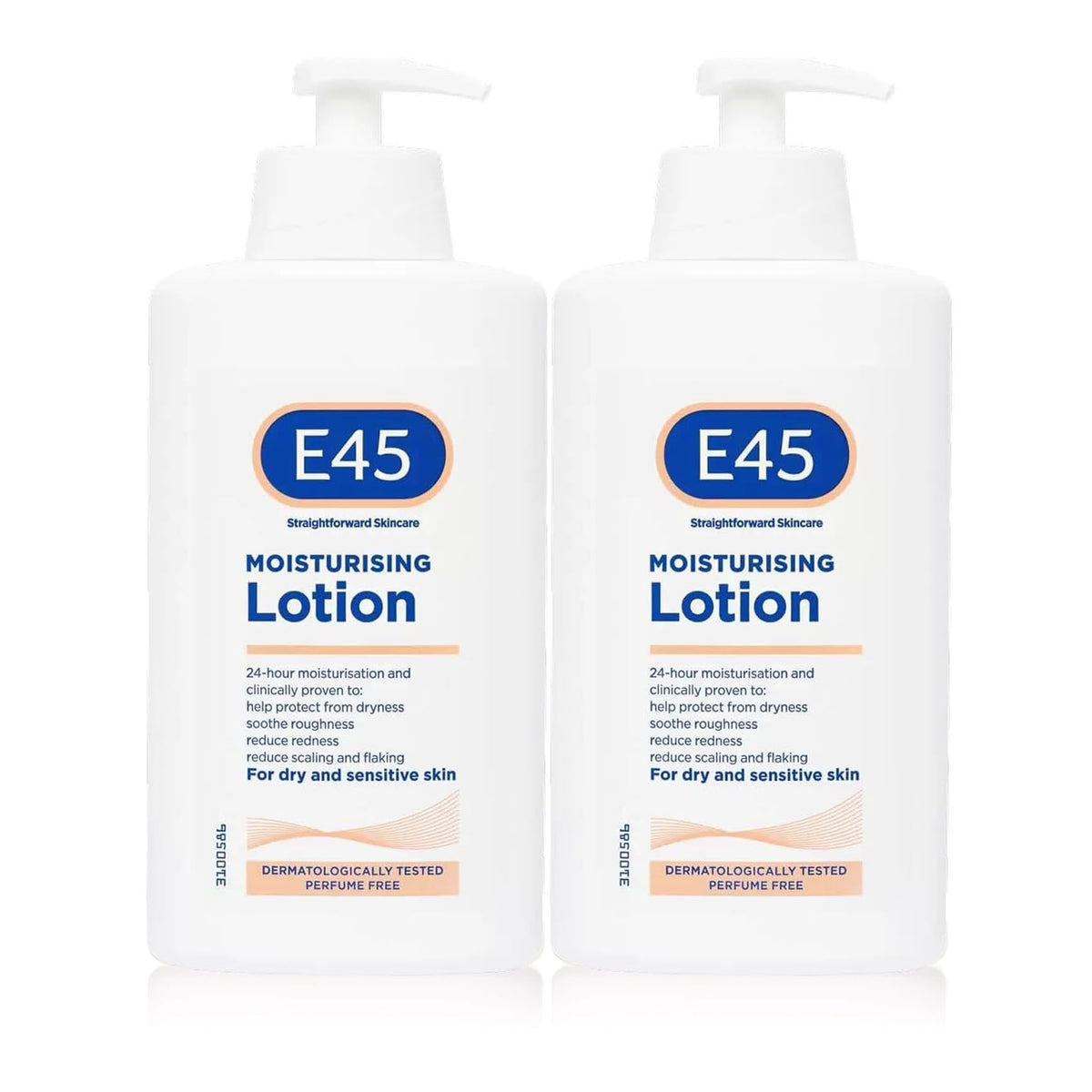 E45 Dermatological Moisturising Lotion bottle front, fragrance-free for dry and sensitive skin.