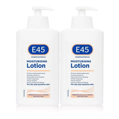 E45 Dermatological Moisturising Lotion bottle front, fragrance-free for dry and sensitive skin.