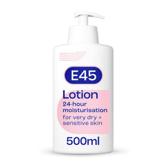 E45 Dermatological Moisturising Lotion bottle highlighting long-lasting hydration.