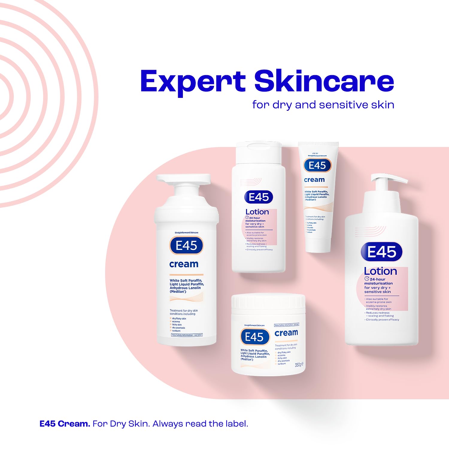E45 lotion pump facilitates easy application and controlled dosage.