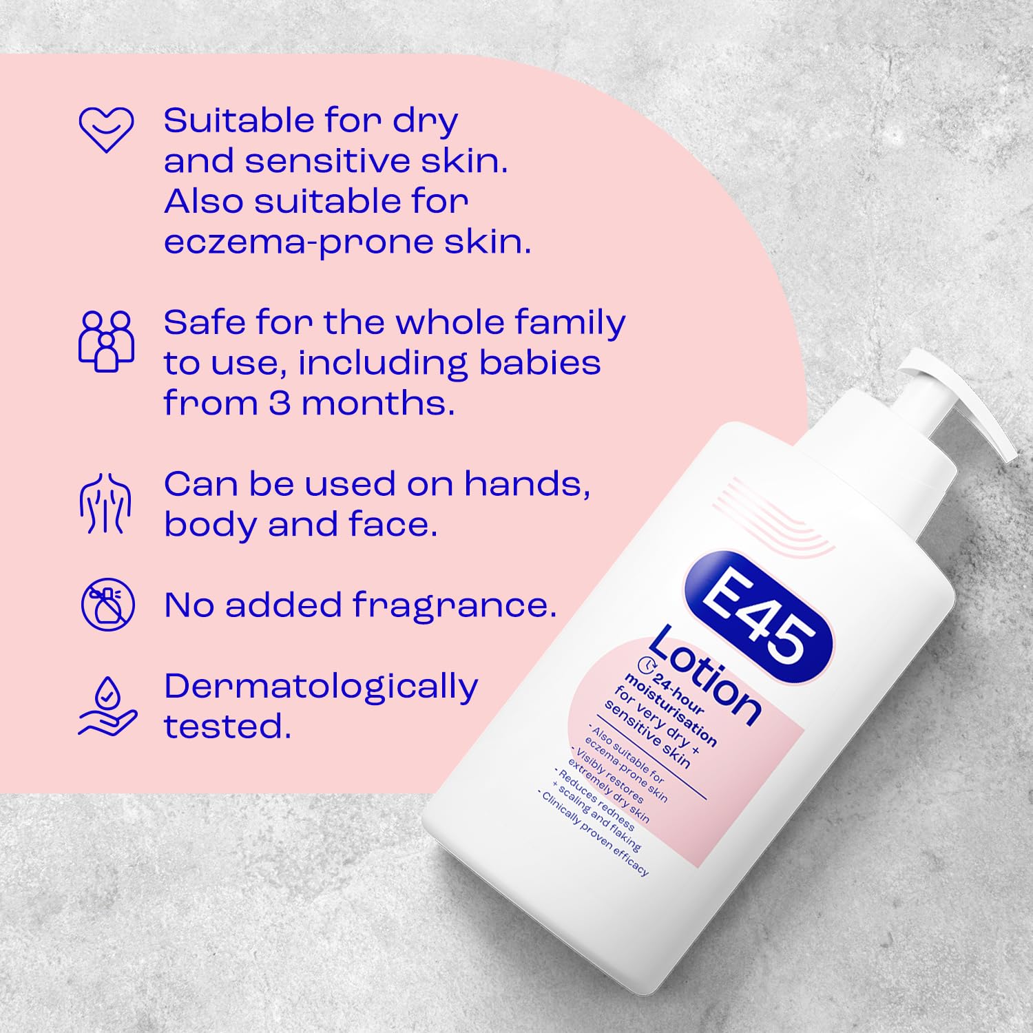 Close-up of E45 fragrance-free formulation suitable for sensitive skin.