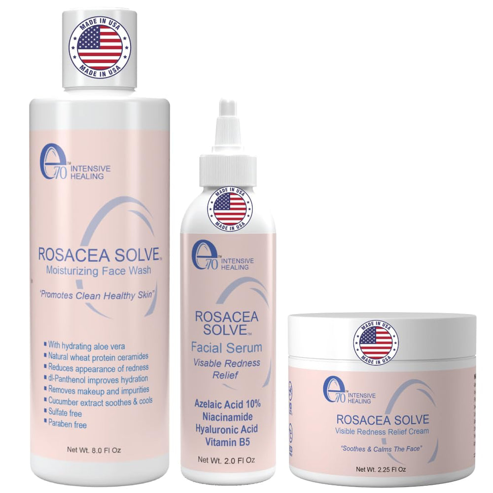 e70 rosacea face wash bottle featuring aloe vera for gentle cleansing and redness relief