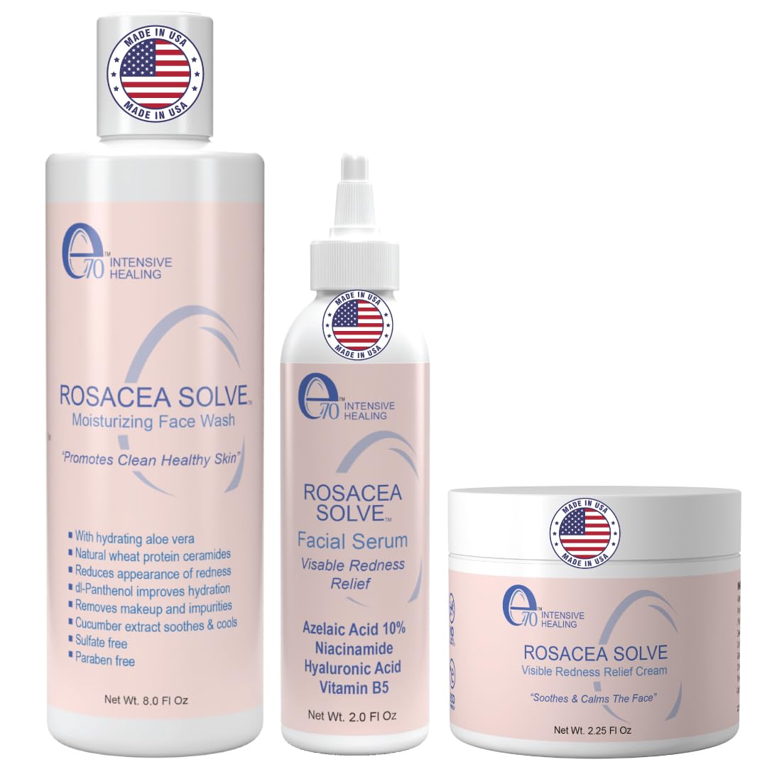 e70 rosacea face wash bottle featuring aloe vera for gentle cleansing and redness relief