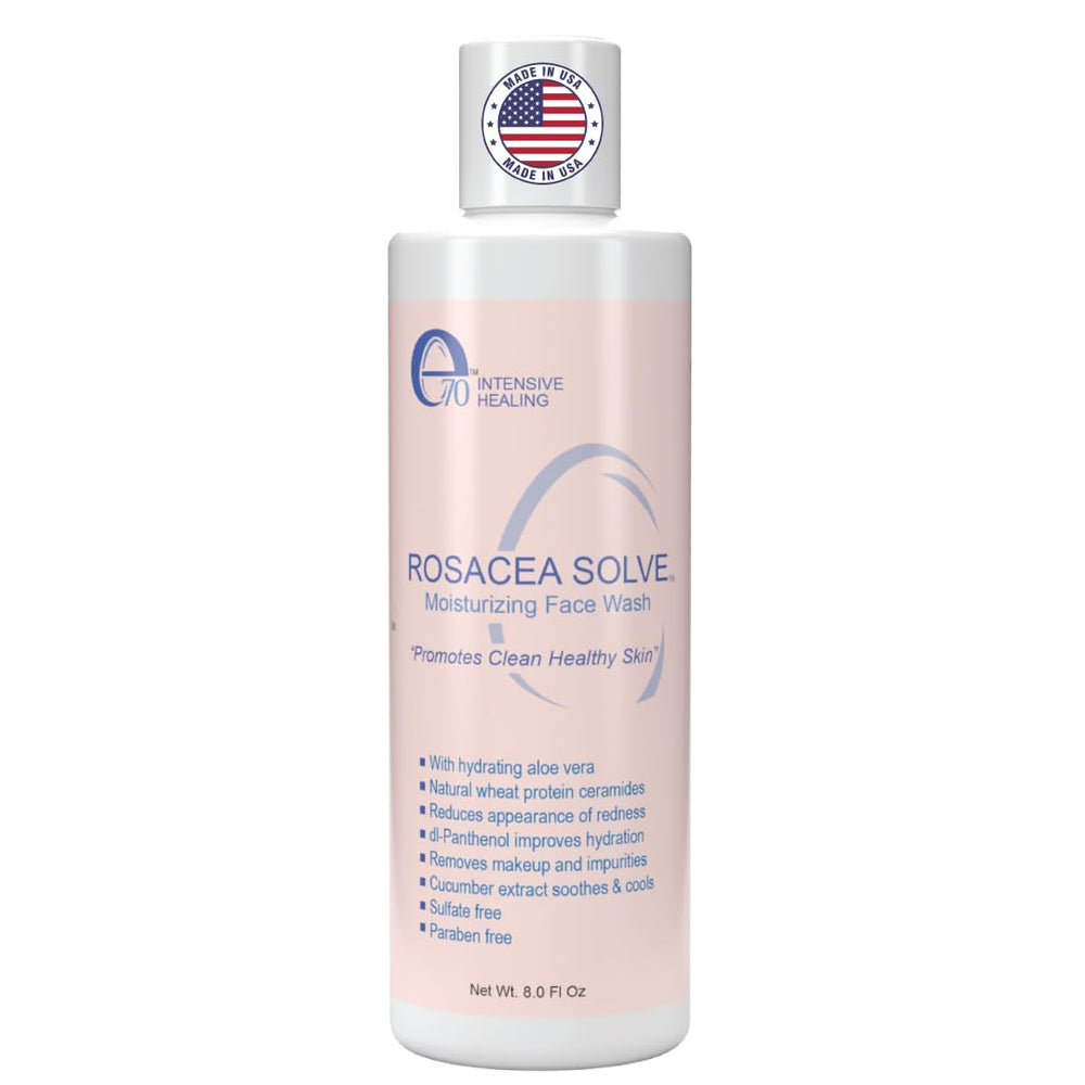 e70 rosacea face wash pump application shows easy daily cleansing with soothing formula