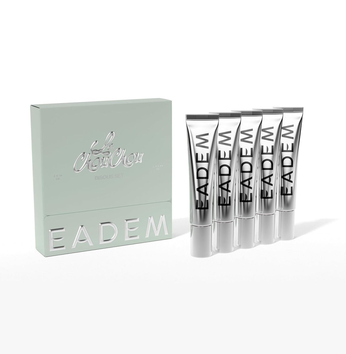 EADEM Le Chouchou Bisous Set full shade collection demonstrates versatile lip looks with five shades.