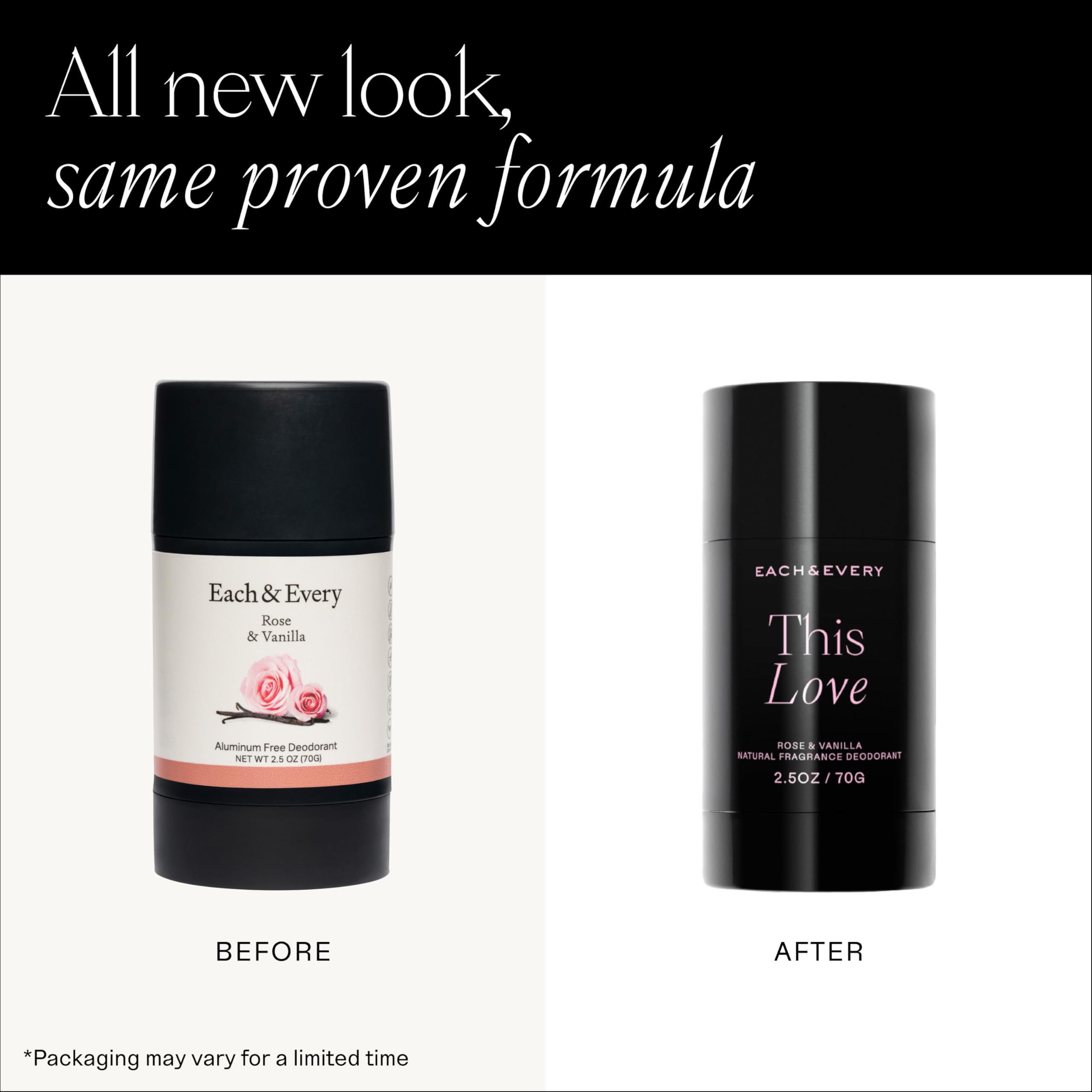 Each & Every aluminum-free deodorant close-up emphasizes clean, fragrance-rich rose-vanilla formula.