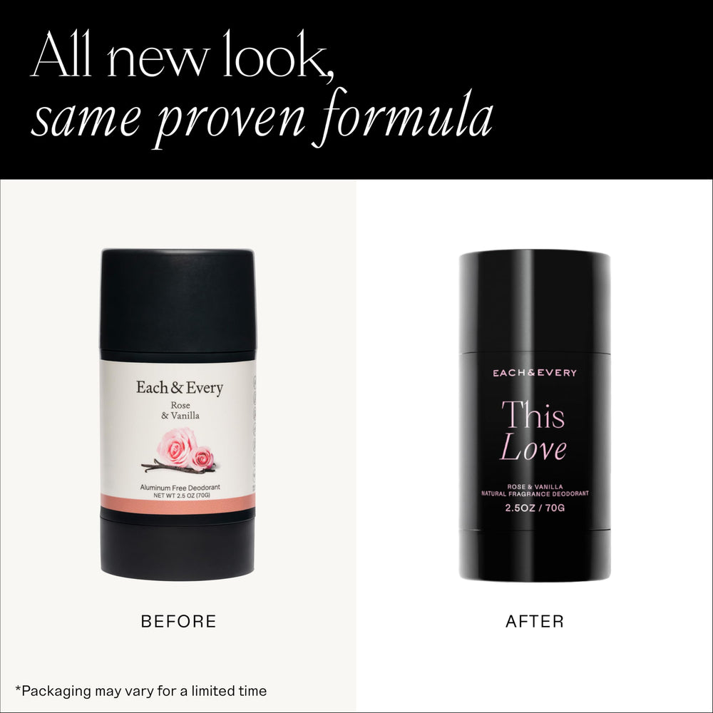 Each & Every aluminum-free deodorant close-up emphasizes clean, fragrance-rich rose-vanilla formula.