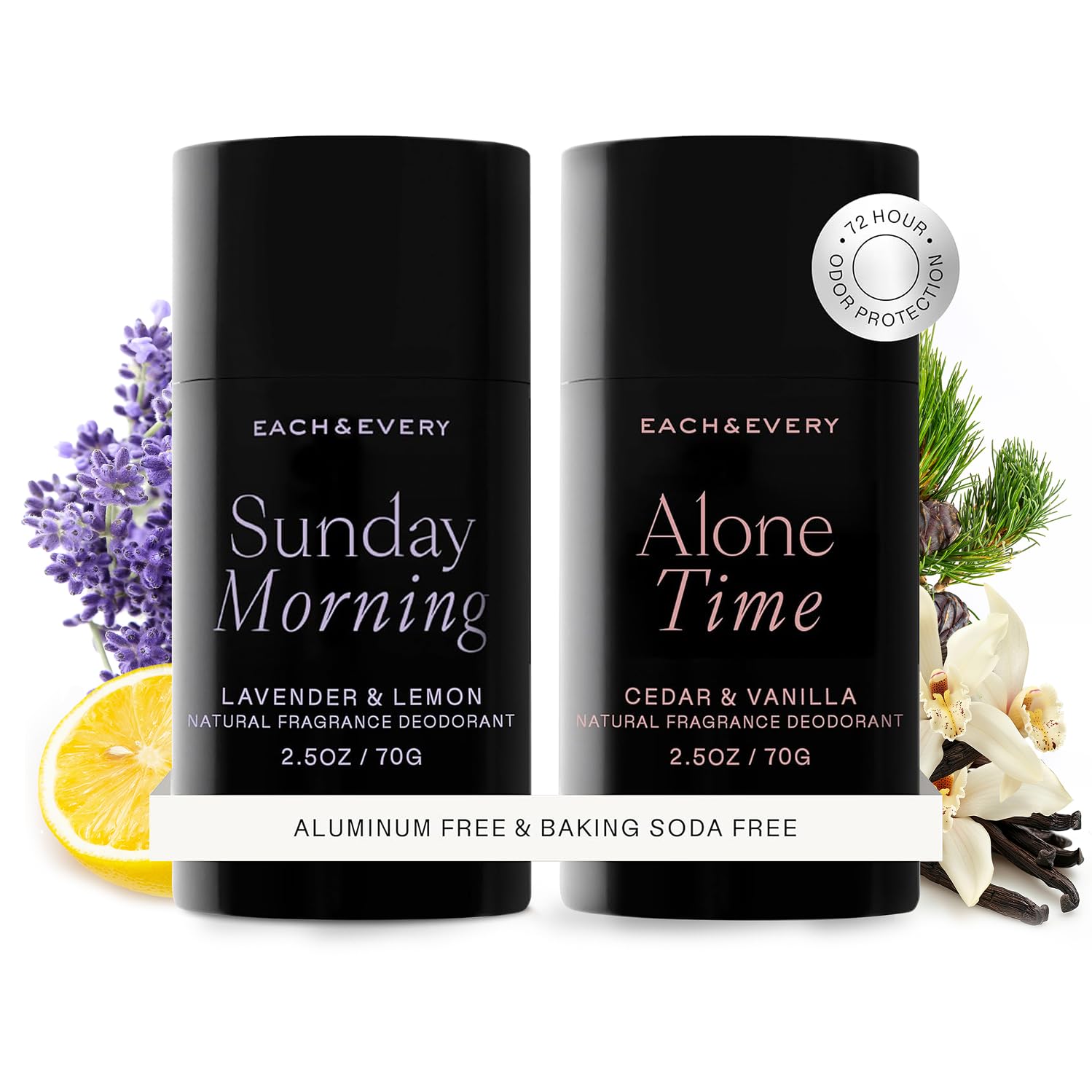 Each & Every lavender-lemon deodorant packaging highlights vegan, aluminum-free protection for daily wear.