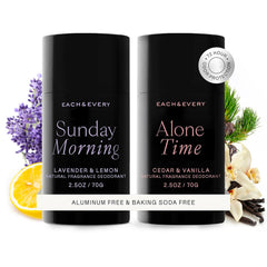 Each & Every lavender-lemon deodorant packaging highlights vegan, aluminum-free protection for daily wear.