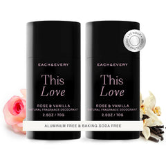 Each & Every rose-vanilla deodorant pack offers all-day freshness with aluminum-free formula.