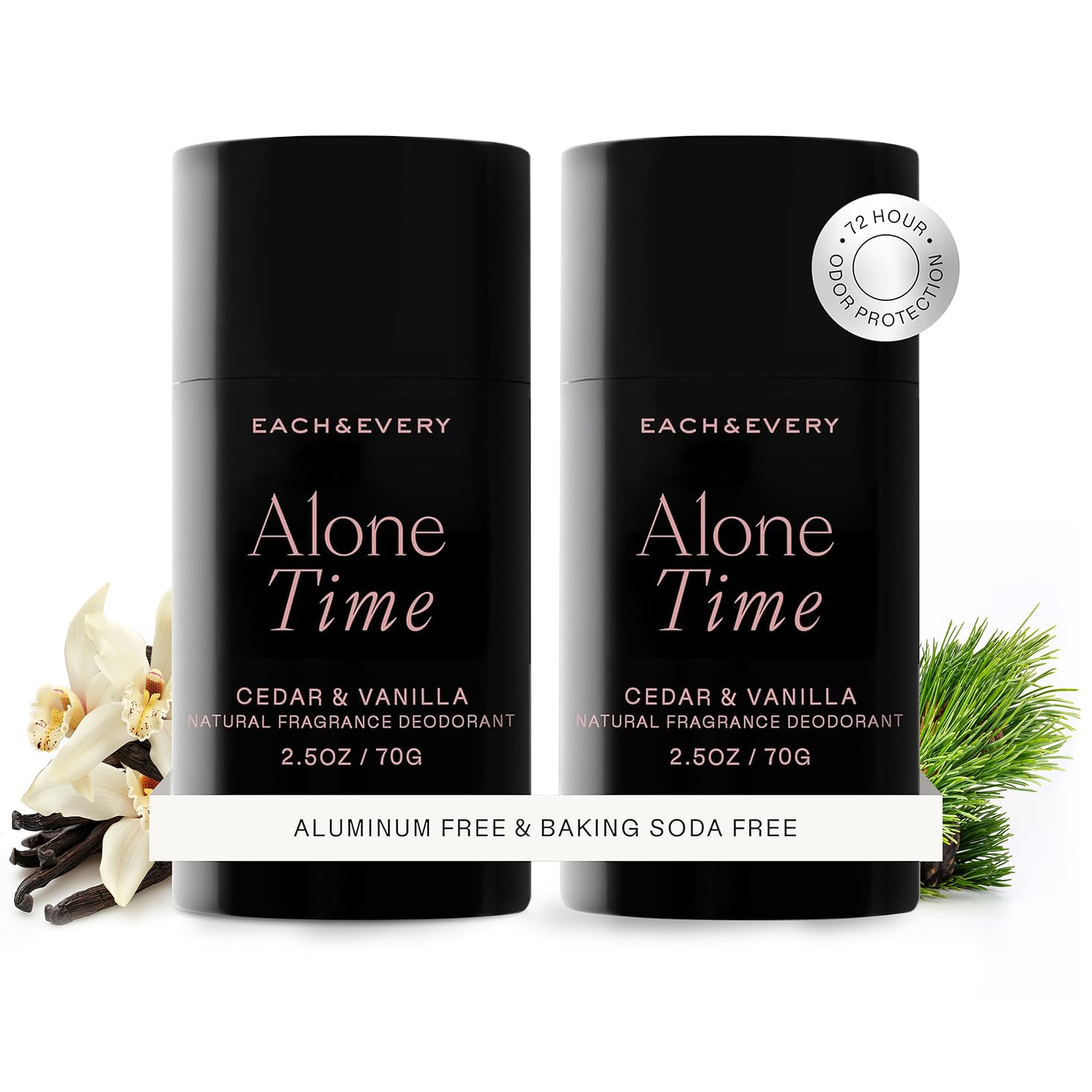 Each & Every cedar-vanilla deodorant stick provides aluminum-free odor protection for daily wear.